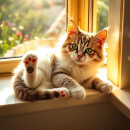 A cute, fluffy cat lounging on a sunny windowsill, with bright sunlight casting warm, golden rays around it
