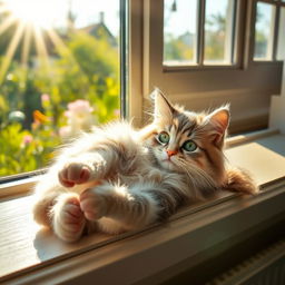 A cute, fluffy cat lounging on a sunny windowsill, with bright sunlight casting warm, golden rays around it