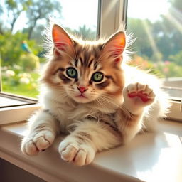 A cute, fluffy cat lounging on a sunny windowsill, with bright sunlight casting warm, golden rays around it
