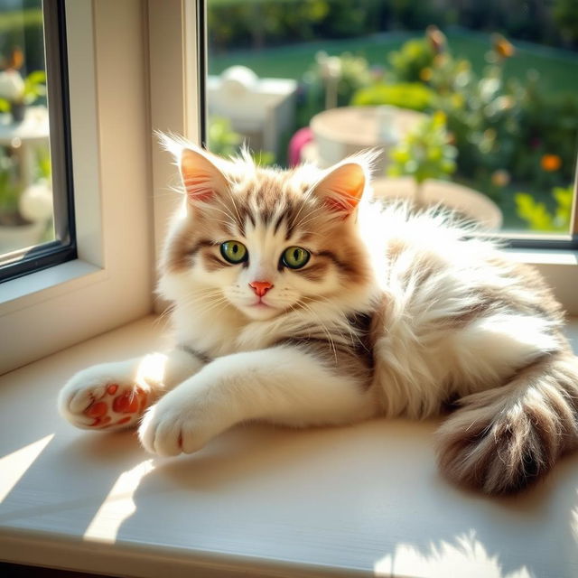 A cute, fluffy cat lounging on a sunny windowsill, with bright sunlight casting warm, golden rays around it