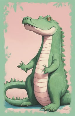 This high-quality image is a whimsical pastel drawing of a crocodile, inspired by Wes Anderson's distinctive style