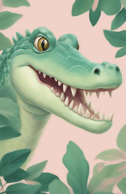 This high-quality image is a whimsical pastel drawing of a crocodile, inspired by Wes Anderson's distinctive style