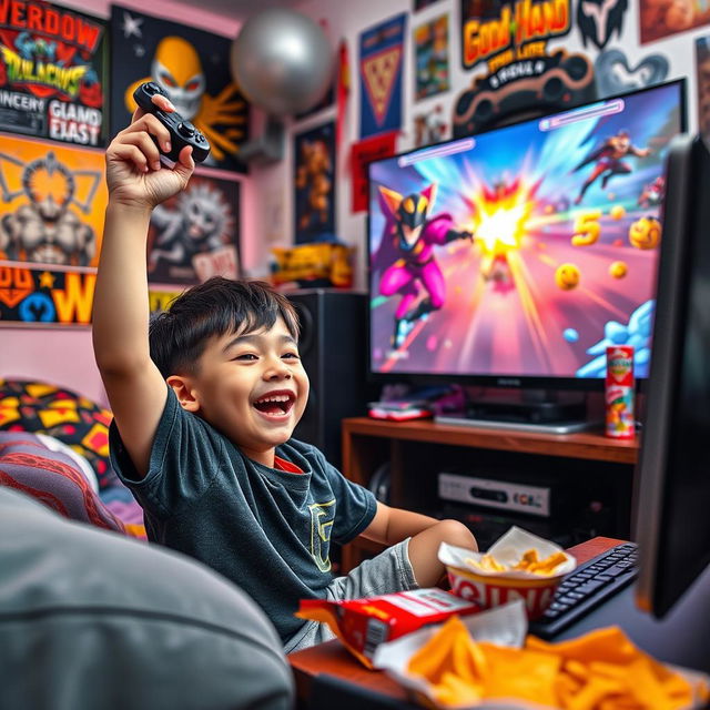 A vibrant and energetic scene depicting a young boy enthusiastically playing the video game 'God Hand