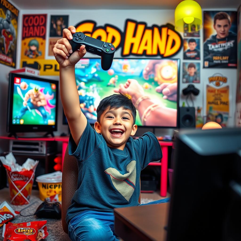 A vibrant and energetic scene depicting a young boy enthusiastically playing the video game 'God Hand