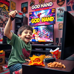 A vibrant and energetic scene depicting a young boy enthusiastically playing the video game 'God Hand