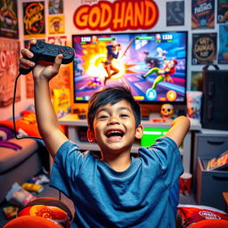 A vibrant and energetic scene depicting a young boy enthusiastically playing the video game 'God Hand
