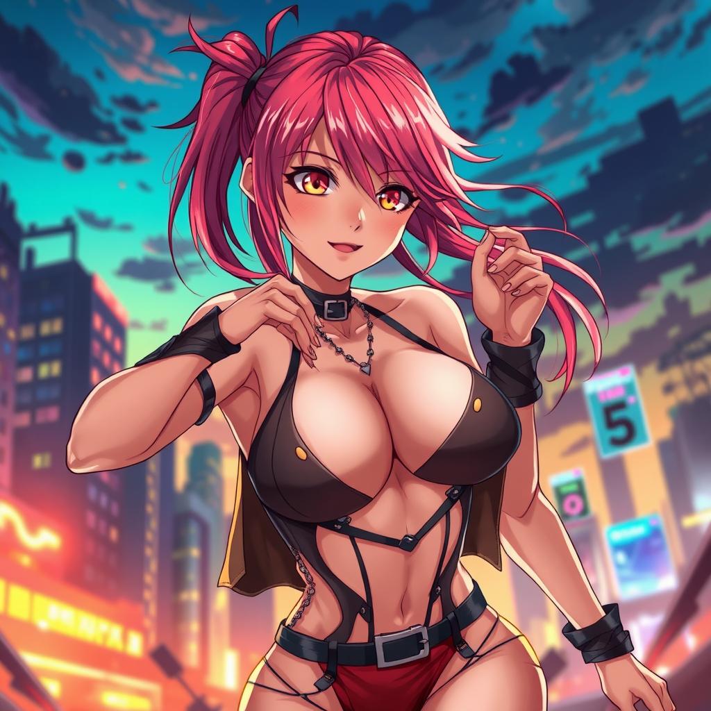 A stunning hot anime character with vibrant hair and captivating eyes, wearing a stylish, revealing outfit that showcases an alluring design
