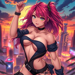 A stunning hot anime character with vibrant hair and captivating eyes, wearing a stylish, revealing outfit that showcases an alluring design