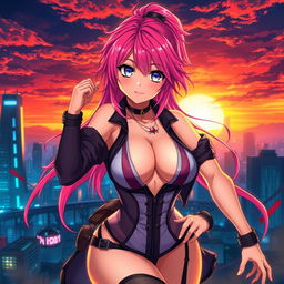 A stunning hot anime character with vibrant hair and captivating eyes, wearing a stylish, revealing outfit that showcases an alluring design