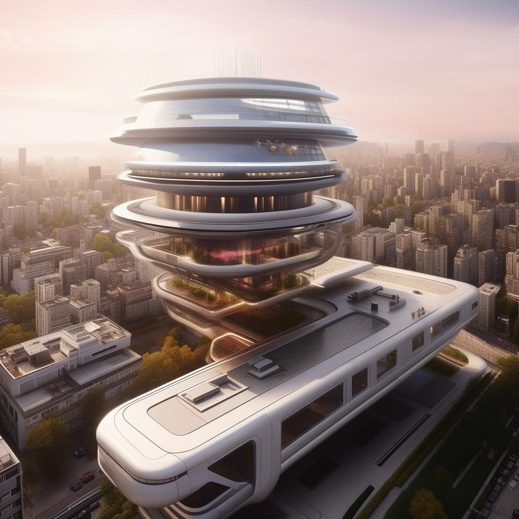 aerial view of futuristic high-rise Police headquarters with helipad for in city center in broad daylight based on https://files.dreamhome.software/files/static/36651