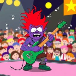 A South Park-style purple orc bard energetically playing an electric guitar on stage, featuring vibrant red hair styled in a wild fashion and intricate blue tattoos covering its arms
