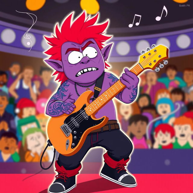 A South Park-style purple orc bard energetically playing an electric guitar on stage, featuring vibrant red hair styled in a wild fashion and intricate blue tattoos covering its arms