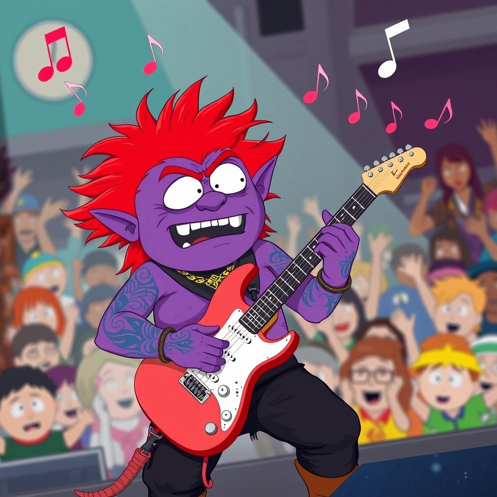 A South Park-style purple orc bard energetically playing an electric guitar on stage, featuring vibrant red hair styled in a wild fashion and intricate blue tattoos covering its arms