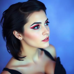 A woman with dark hair styled in a side-swept fashion gazes into the distance with a neutral expression