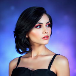 A woman with dark hair styled in a side-swept fashion gazes into the distance with a neutral expression