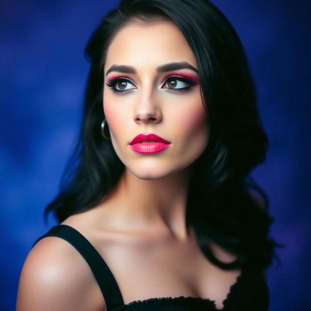 A woman with dark hair styled in a side-swept fashion gazes into the distance with a neutral expression