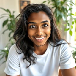 An edited photo of a person with their eyes wide open, capturing a natural and inviting expression