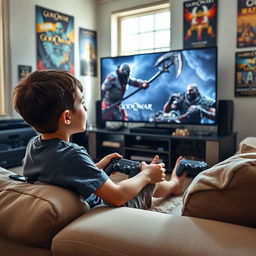A young boy with short dark hair playing a video game, engrossed in the action, with a focused expression on his face