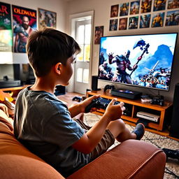 A young boy with short dark hair playing a video game, engrossed in the action, with a focused expression on his face