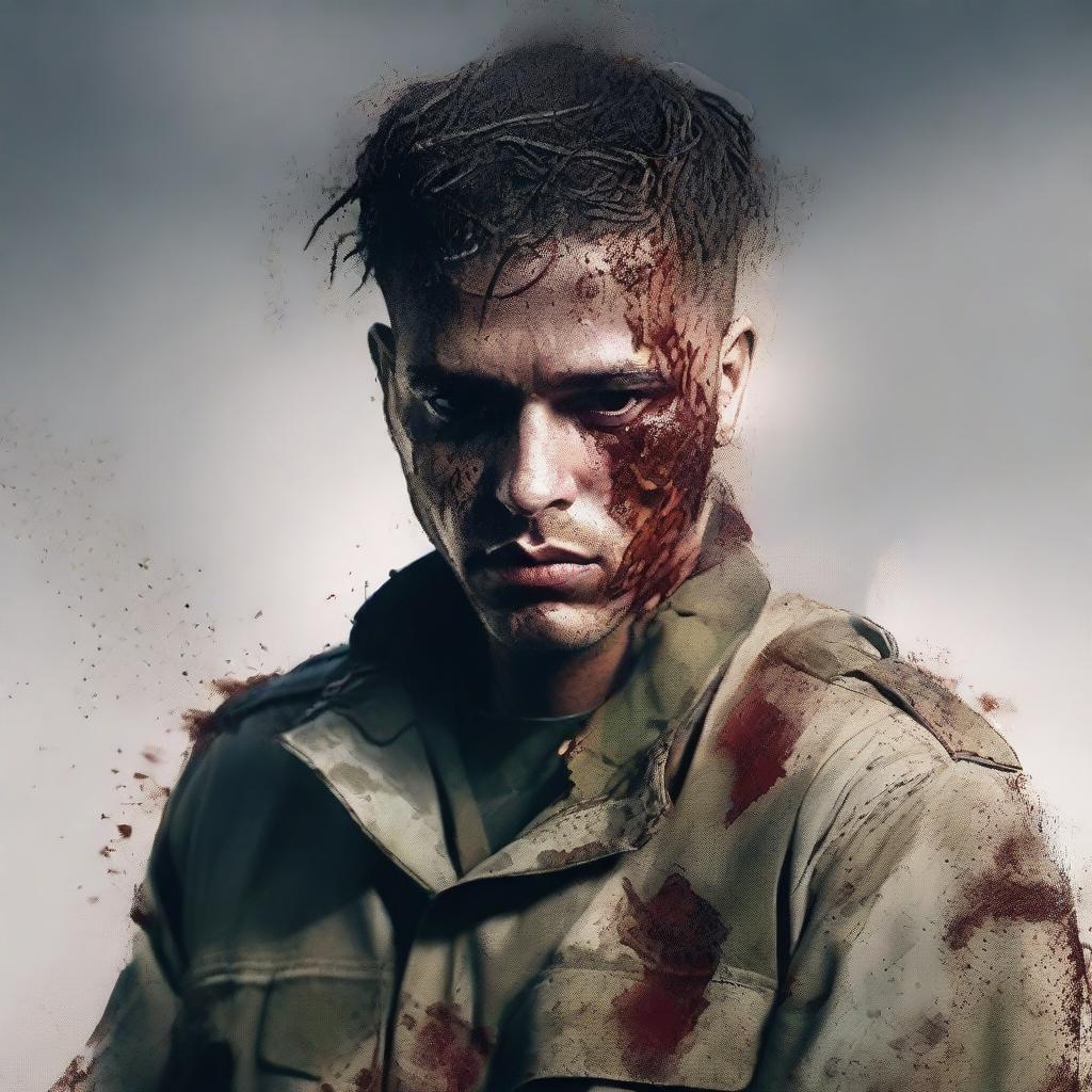 A high-quality digital art image depicts a wounded soldier