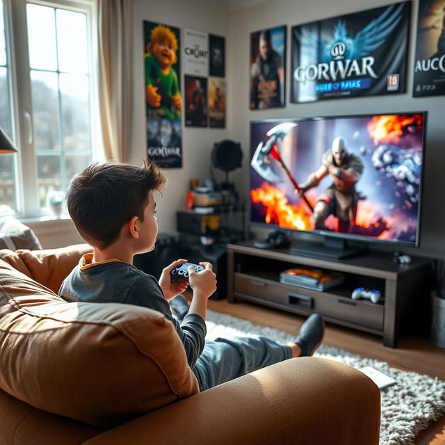 A young boy with short dark hair playing a video game, engrossed in the action, with a focused expression on his face