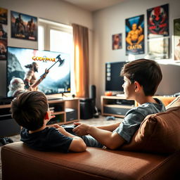 A young boy with short dark hair playing a video game, engrossed in the action, with a focused expression on his face