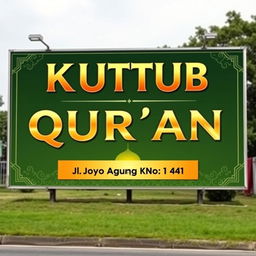 A large advertisement billboard design for a mosque, featuring the bold text 'KUTTUB QUR'AN' in an eye-catching font