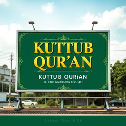 A large advertisement billboard design for a mosque, featuring the bold text 'KUTTUB QUR'AN' in an eye-catching font