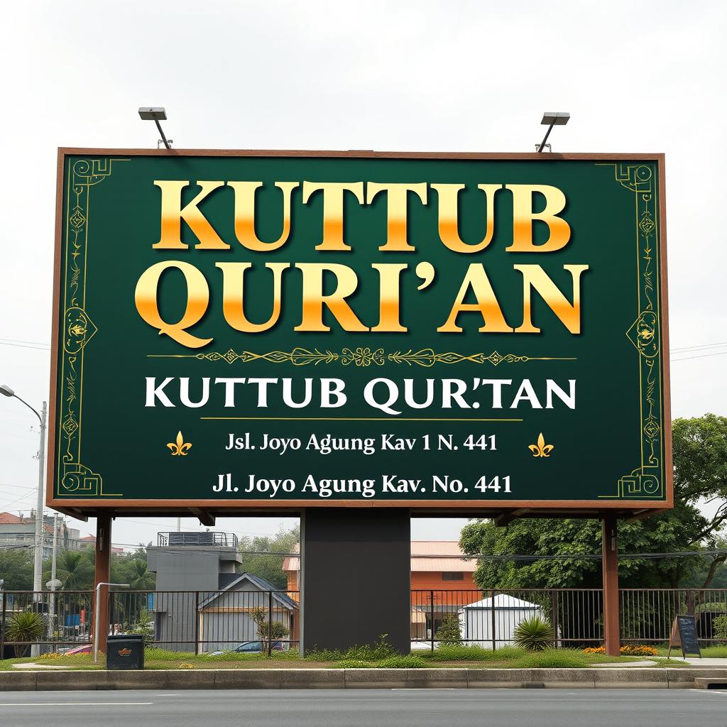A large advertisement billboard design for a mosque, featuring the bold text 'KUTTUB QUR'AN' in an eye-catching font