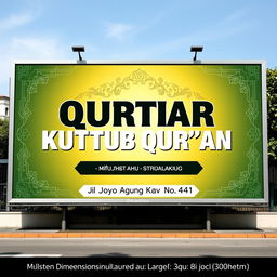 A large advertisement billboard design for a mosque, featuring the bold text 'KUTTUB QUR'AN' in an eye-catching font