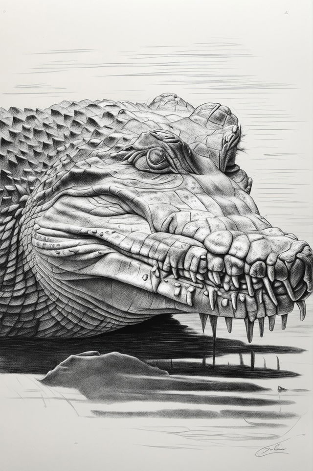 This high-quality image is a detailed pencil sketch of a crocodile