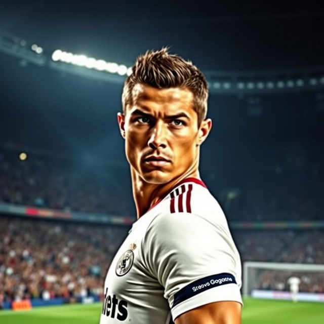 A powerful and dramatic portrait of Cristiano Ronaldo, showcasing his athletic physique and intense expression