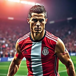 A powerful and dramatic portrait of Cristiano Ronaldo, showcasing his athletic physique and intense expression