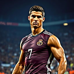 A powerful and dramatic portrait of Cristiano Ronaldo, showcasing his athletic physique and intense expression