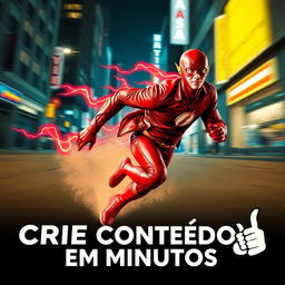 The Flash running through the streets of Gotham City at night, wearing a striking red leather jacket with gold trim instead of his usual attire