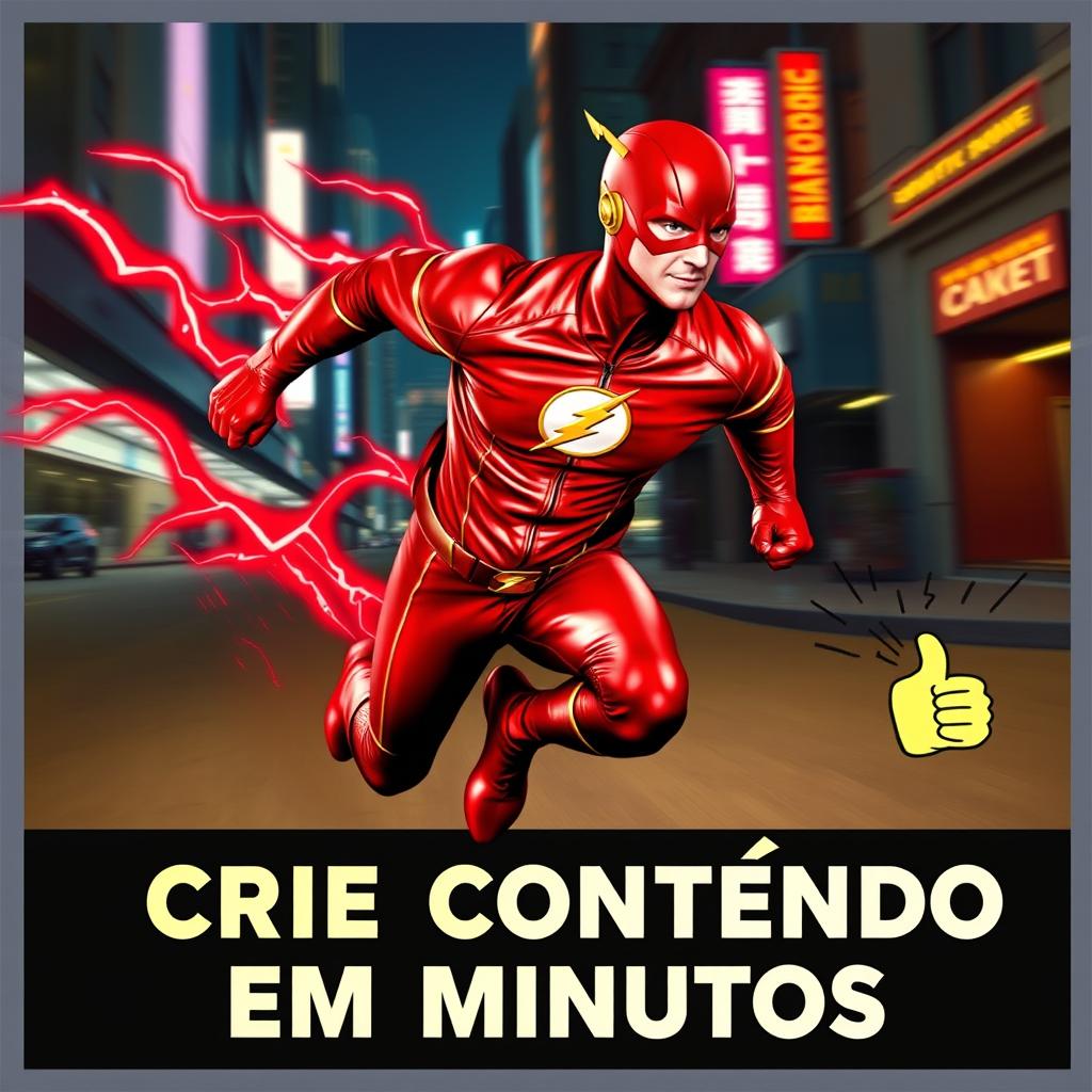 The Flash running through the streets of Gotham City at night, wearing a striking red leather jacket with gold trim instead of his usual attire