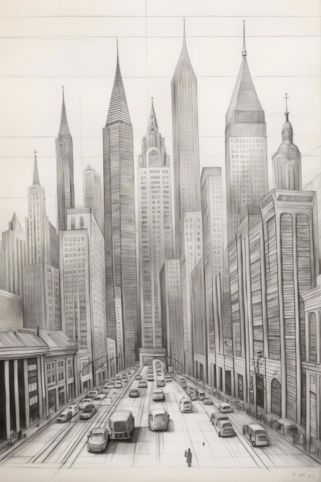 This is a detailed pencil sketch of a cityscape on a lined sketch pad