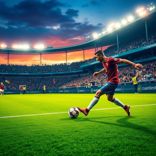 Cristiano Ronaldo skillfully playing football on a vibrant green field, showcasing his signature dribbling and agility