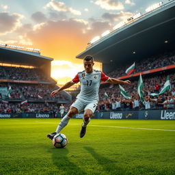 Cristiano Ronaldo skillfully playing football on a vibrant green field, showcasing his signature dribbling and agility