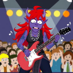 A South Park-style female purple orc bard with fangs, confidently playing an electric guitar