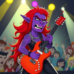 A South Park-style female purple orc bard with fangs, confidently playing an electric guitar