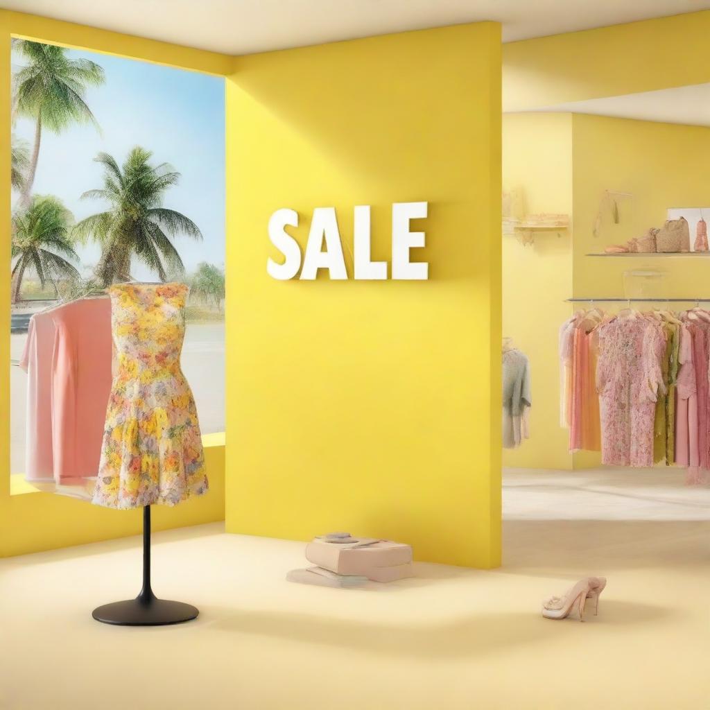 A high-quality digital art image depicting a retail display filled with summer clothes