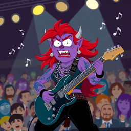 A South Park-style female purple orc bard with fangs, confidently playing an electric guitar
