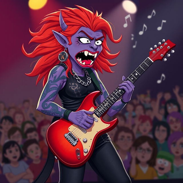 A South Park-style female purple orc bard with fangs, confidently playing an electric guitar