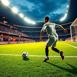 Cristiano Ronaldo skillfully playing football on a vibrant green field, showcasing his signature dribbling and agility