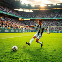 Cristiano Ronaldo skillfully playing football on a vibrant green field, showcasing his signature dribbling and agility
