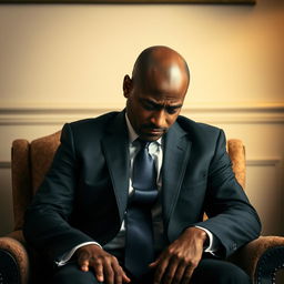 A bald man of Arab origin with black skin, wearing a formal suit and a tie, sitting on a chair with a despondent expression