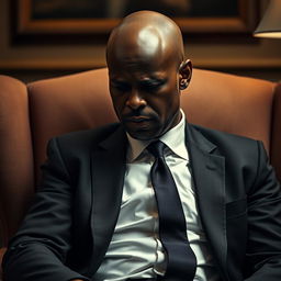 A bald man of Arab origin with black skin, wearing a formal suit and a tie, sitting on a chair with a despondent expression