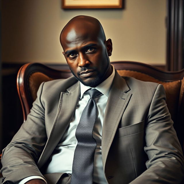 A bald man of Arab origin with black skin, wearing a formal suit and a tie, sitting on a chair with a despondent expression