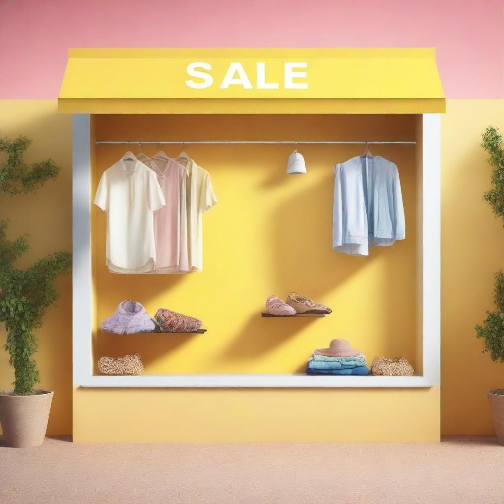 A high-quality digital art image depicting a retail display filled with summer clothes